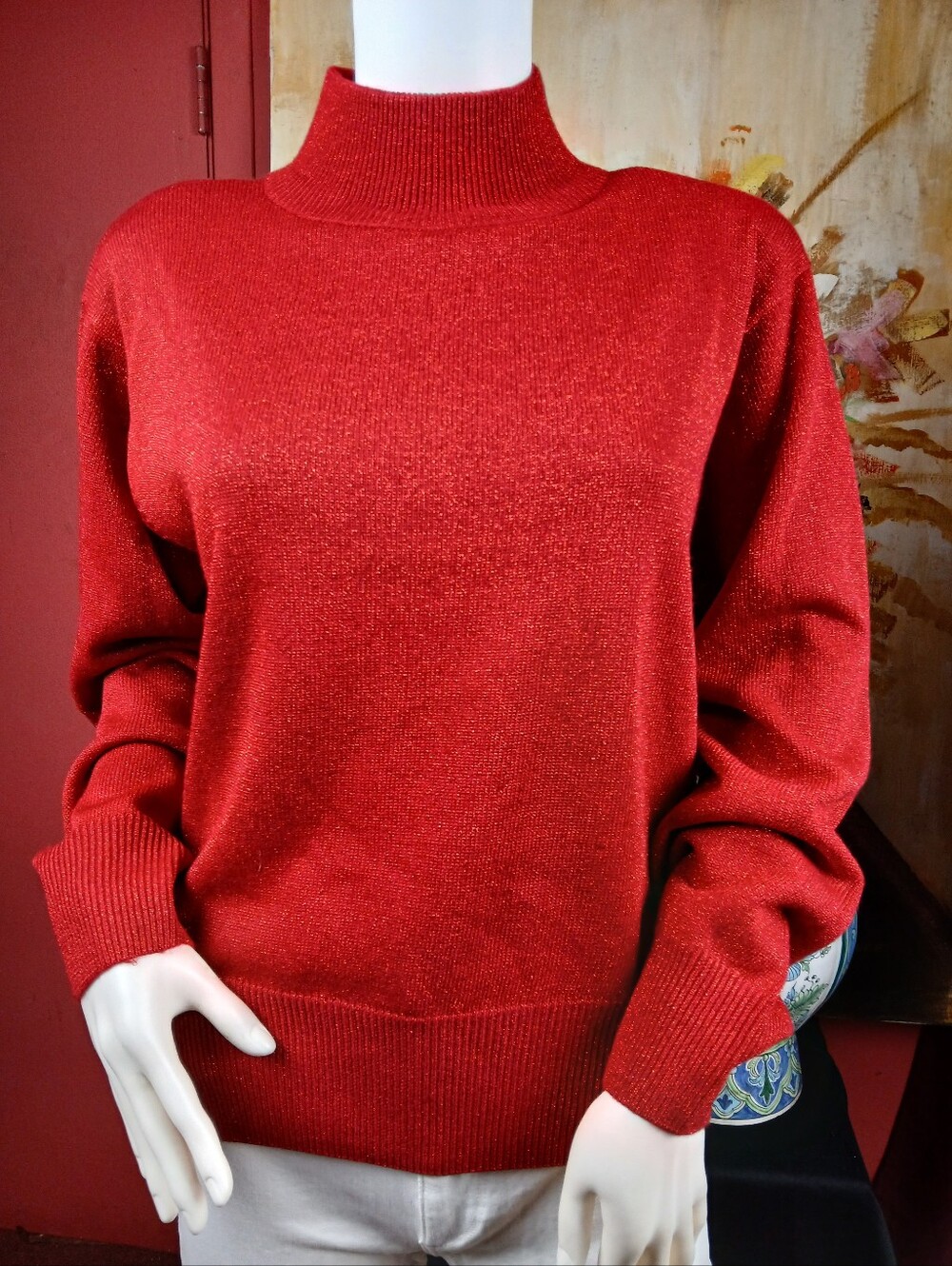 Dressbarn Red Metallic Shimmer Knit Mock Neck Sweater XL